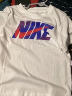 Nike White Tee with Purple Lettering and Red Swoosh
